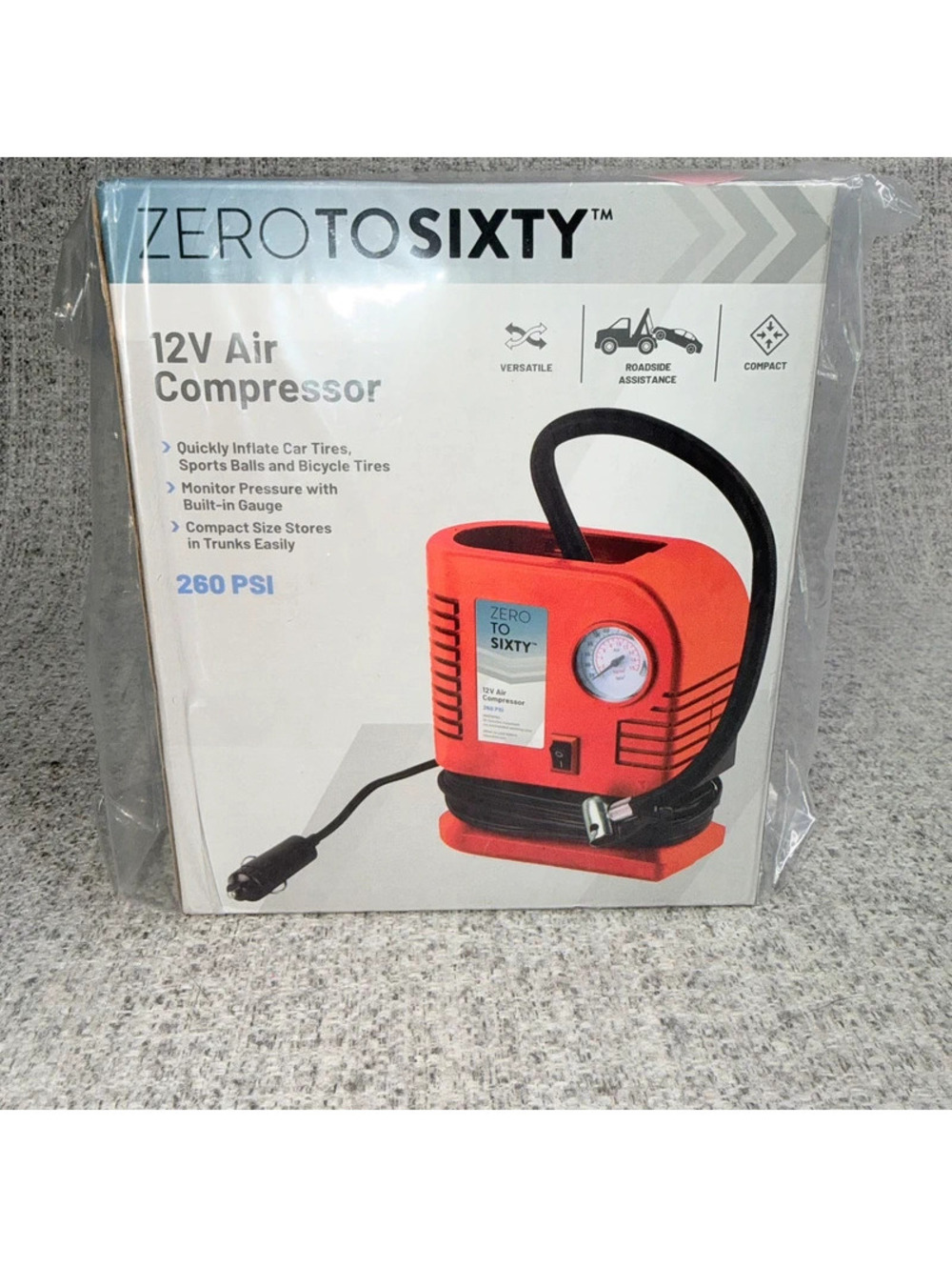 New 12V Air Compressor 260 PSI Tire Inflator Built In Gauge CAR Zero to Sixty
